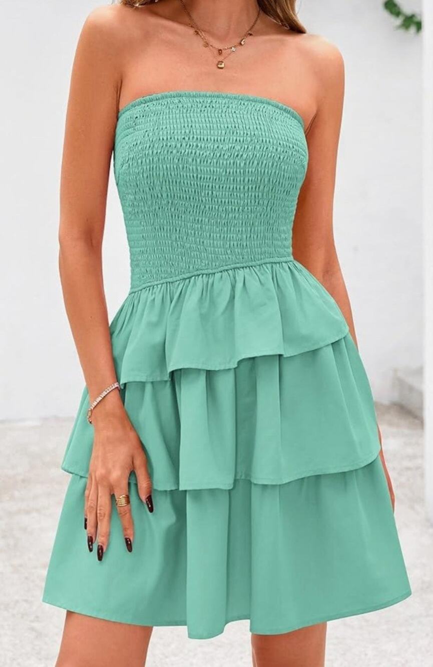 Strapless Mint Green Dress Ruffle Elastic Top, Size Large, Summer Beach, Teal